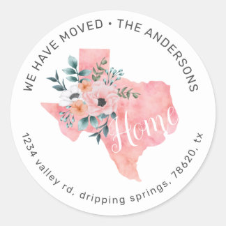 watercolor blush floral texas moving announcement classic round sticker