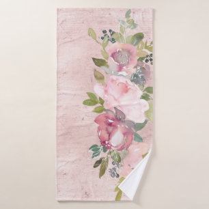 Watercolor Blush Florals on Distressed Pink Bath Towel Set