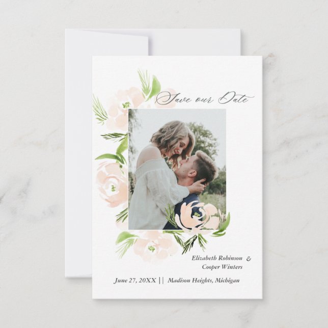 Watercolor blush flower trendy Save The Date Card (Front)