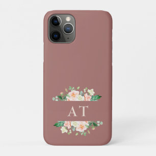 Watercolor Blush Flowers Dark Peach Monogram iPhone 11 Pro Case