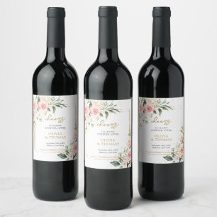 Watercolor blush flowers eucalyptus gold wedding wine label