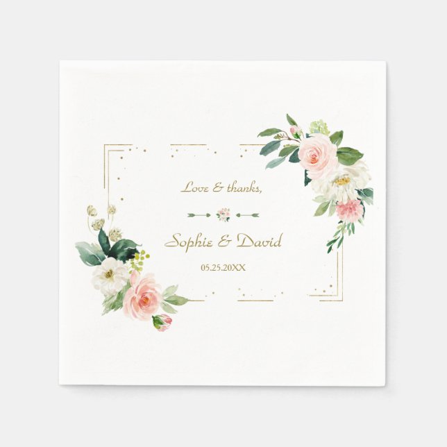 Watercolor Blush Flowers Gold Navy Wedding Napkin (Front)