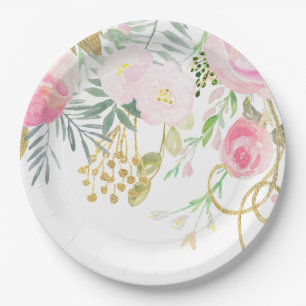 Watercolor Blush Gold Floral Bridal Shower  Paper  Plate