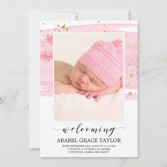 Watercolor Blush & Gold Photo Birth Announcement (Front)