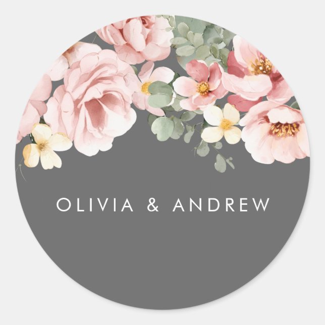Watercolor Blush & Grey Floral Wedding Classic Round Sticker (Front)