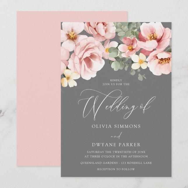 Watercolor Blush & Grey Floral Wedding Invitation (Front/Back)