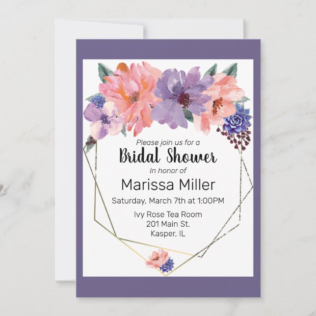 Watercolor Blush Lavender Blue Gold Frame Invitation (Front)