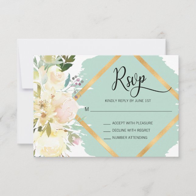 Watercolor Blush Mint Ivory Floral Wedding RSVP (Front)
