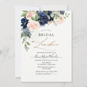 Watercolor Blush Navy Blue Flowers Bridal Lunchoen Invitation