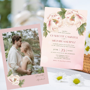 Watercolor Blush Peony Flower Photo Wedding Invitation