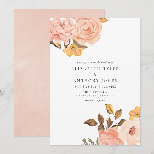 Watercolor Blush Pink and Gold Floral Wedding Invitation (Front/Back)