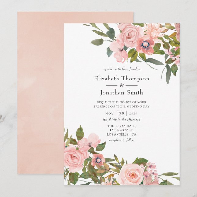Watercolor Blush Pink and Rose Gold Roses Wedding Invitation (Front/Back)