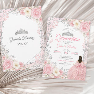 Watercolor Blush Pink and Silver Quinceañera  Invitation