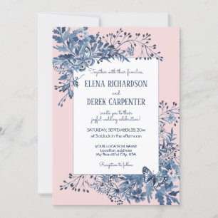 Watercolor Blush Pink, Blue White Floral Wedding Invitation