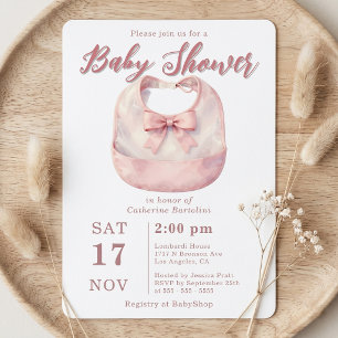Watercolor Blush Pink Bow Bib Girl Baby Shower Invitation