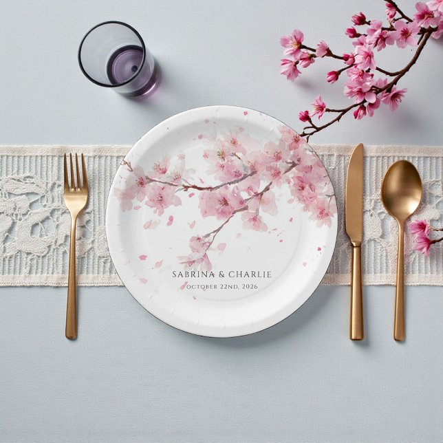 Watercolor Blush Pink Cherry Blossom Wedding Paper Plate (Watercolor Blush Pink Cherry Blossom Wedding Paper Plates)
