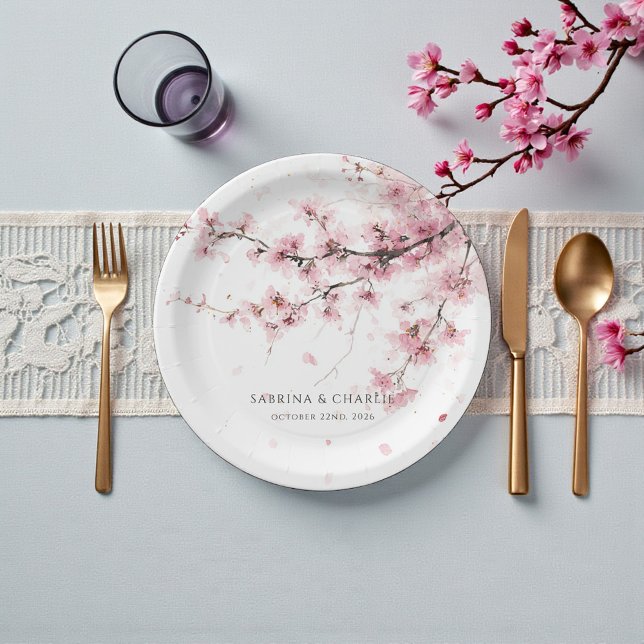 Watercolor Blush Pink Cherry Blossom Wedding Paper Plate (Watercolor Blush Pink Cherry Blossom Wedding Paper Plates)