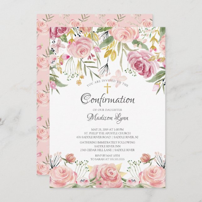 Watercolor Blush Pink Floral Confirmation Invitation (Front/Back)