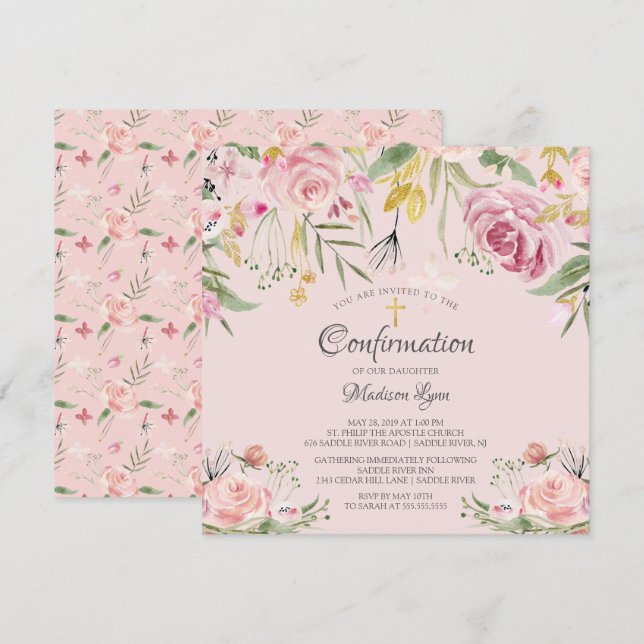 Watercolor Blush Pink Floral Confirmation Invitation (Front/Back)