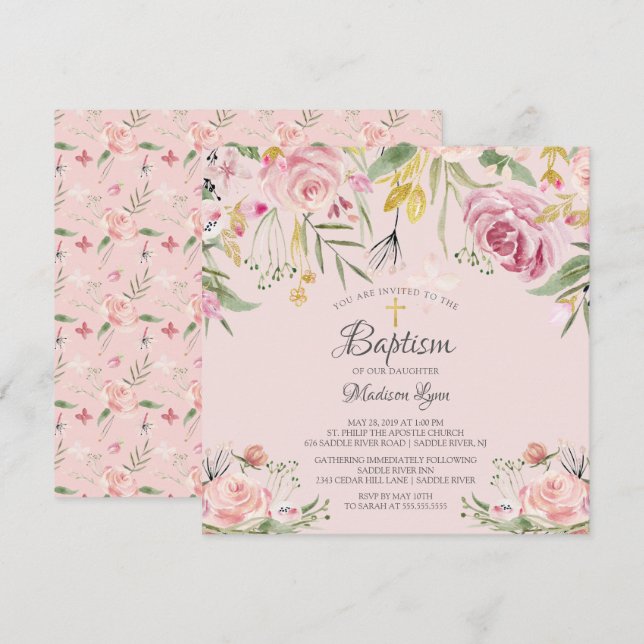 Watercolor Blush Pink Floral Girl Baptism Invitation (Front/Back)