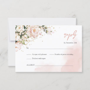 Watercolor blush pink floral greenery boho gold RSVP card