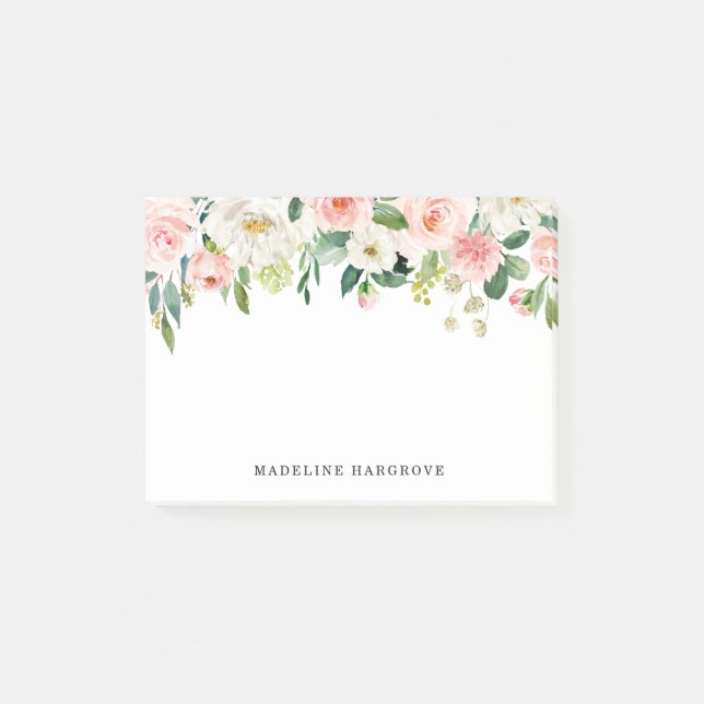 Watercolor Blush Pink Floral Personalized Post-it Notes (Front)