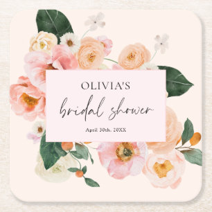 Watercolor Blush Pink Floral Square Paper Coaster
