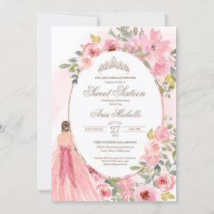 Watercolor Blush Pink Floral Sweet 16 Birthday Invitation