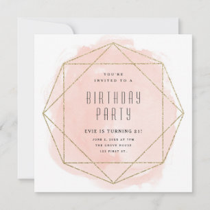 Watercolor blush pink gold glitter birthday party invitation