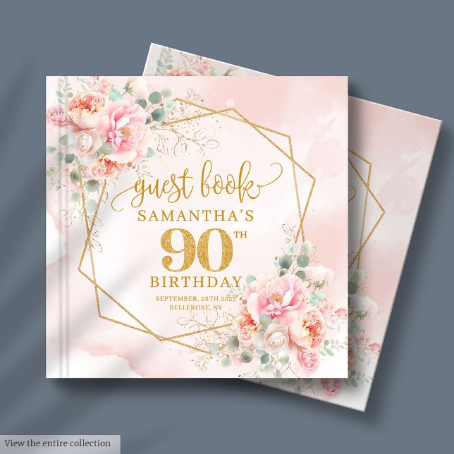 Watercolor Blush Pink Gold Glitter Peonies 90th Guest Book (Watercolor Blush Pink Gold Glitter Peonies 90th Guest Book)
