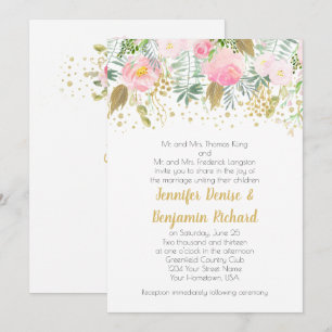 Watercolor Blush Pink Gold Greenery Roses Wedding Invitation