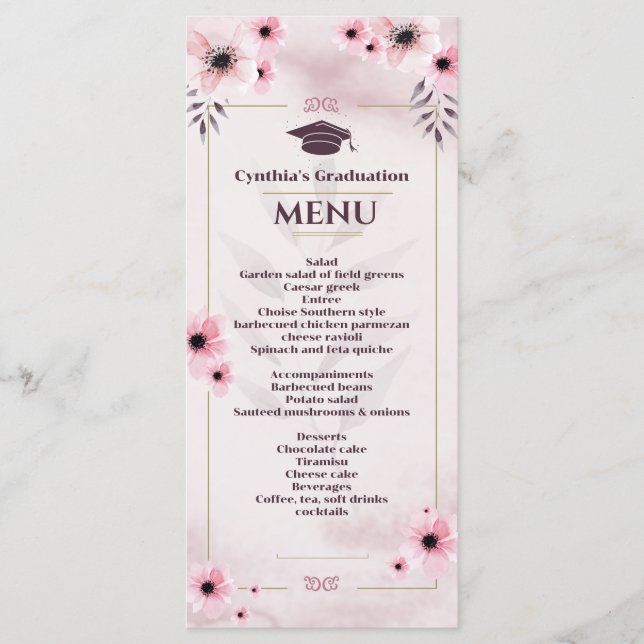 Watercolor Blush Pink Graduation Dinner Menu Invit (Front)