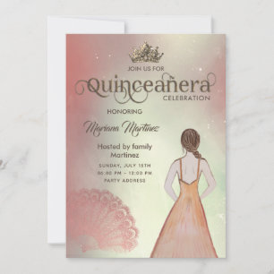 Watercolor blush pink hand fan tiara Quince Invi Invitation