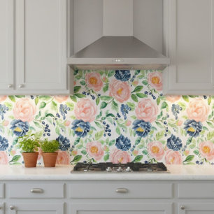 Watercolor Blush Pink Indigo Blue Floral Pattern Tile