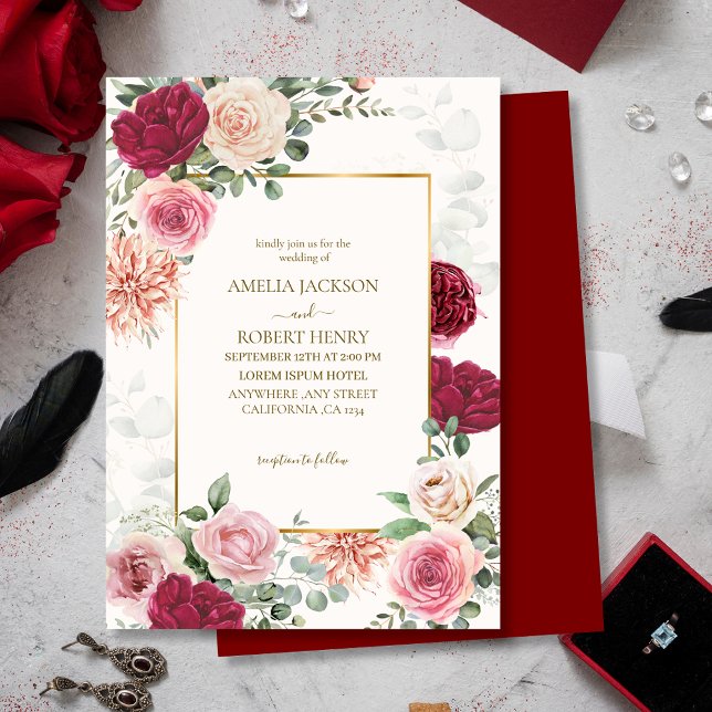 Watercolor Blush Pink & Marsala  Floral Wedding Invitation (Creator Uploaded)