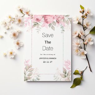 Watercolor blush pink mint floral Save The Date Invitation