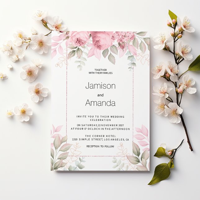 Watercolor blush pink mint white floral Wedding Invitation (Watercolor blush pink mint white floral Wedding)