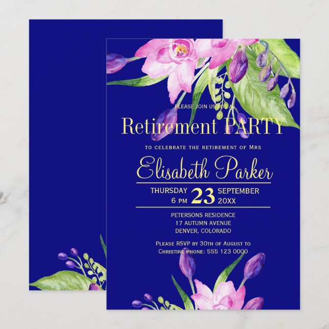 Watercolor blush pink navy floral retirement party invitation (Front/Back)