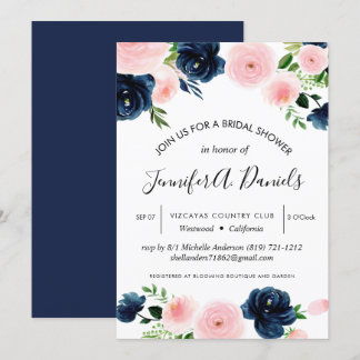 watercolor blush pink navy floral rose invitation