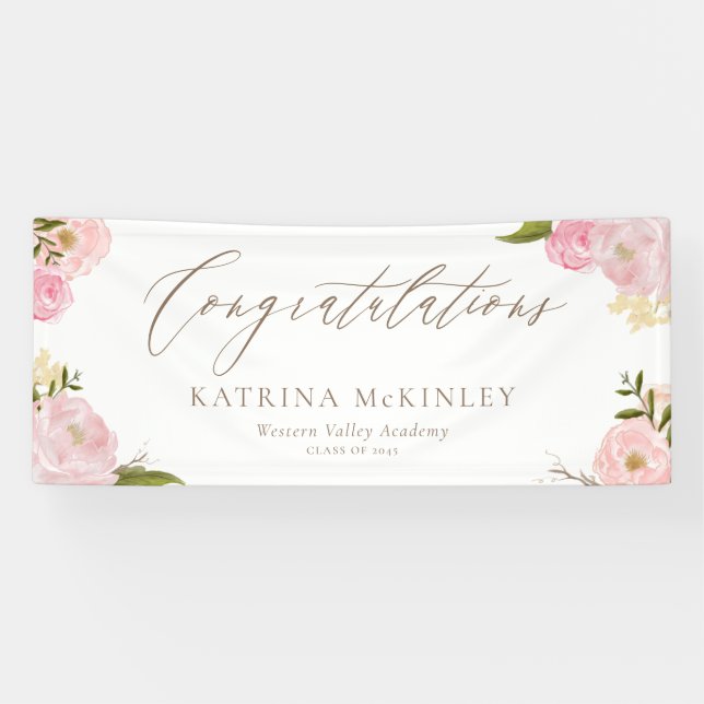 Watercolor Blush Pink Peonies and Roses Graduation Banner (Horizontal)