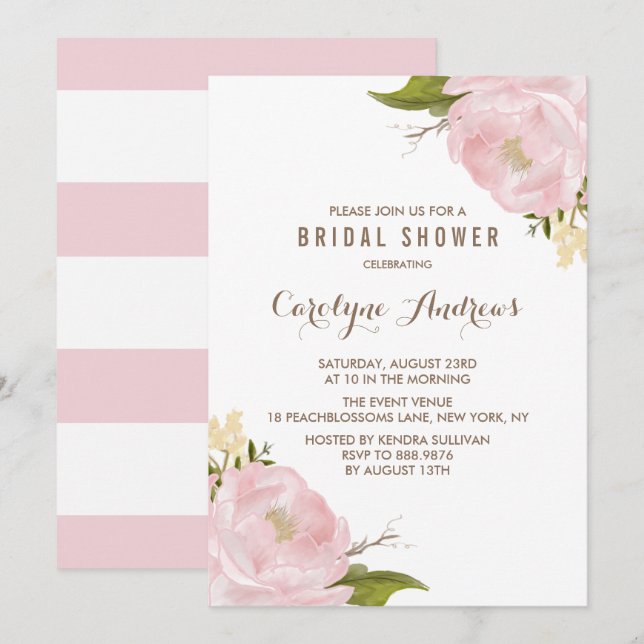 Watercolor Blush Pink Peonies Bridal Shower Invitation (Front/Back)