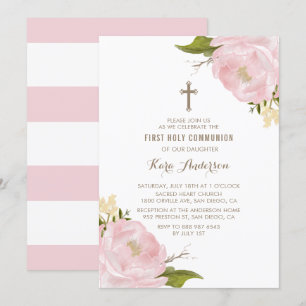 Watercolor Blush Pink Peonies First Holy Communion Invitation