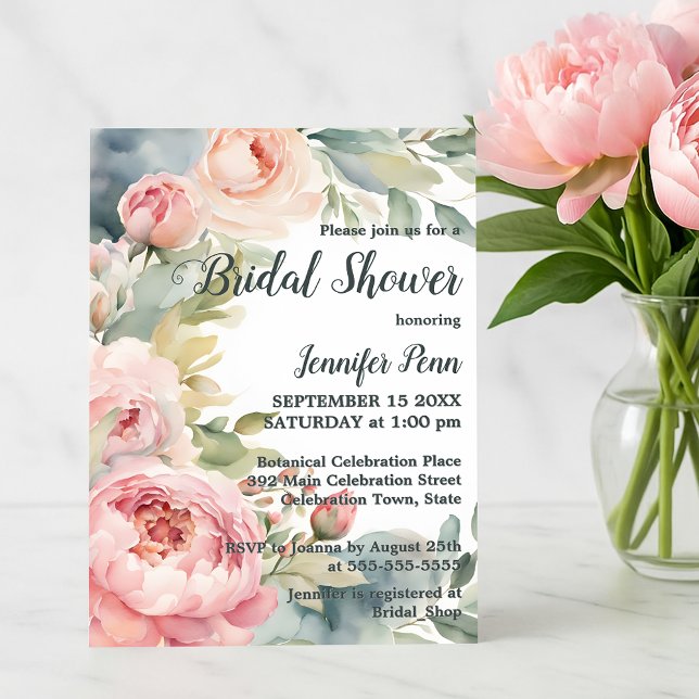 Watercolor Blush Pink Peonies Frame Bridal Shower Invitation (Creator Uploaded)