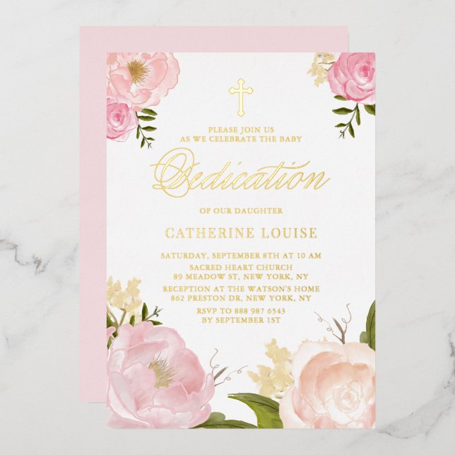 Watercolor Blush Pink Peony Floral Baby Dedication (Front/Back)