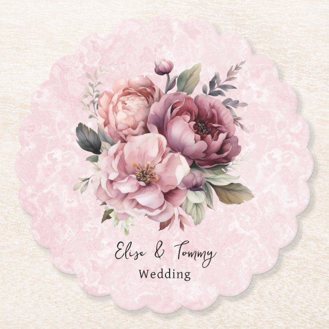 Watercolor Blush Pink Peony Marble Wedding Paper Coaster (Front)