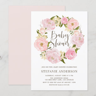 Watercolor Blush Pink Peony Wreath Baby Shower Invitation