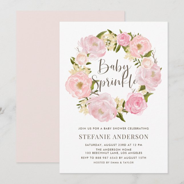 Watercolor Blush Pink Peony Wreath Baby Sprinkle Invitation (Front/Back)