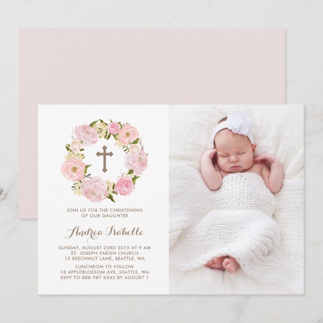 Watercolor Blush Pink Peony Wreath Christening Invitation (Front/Back)
