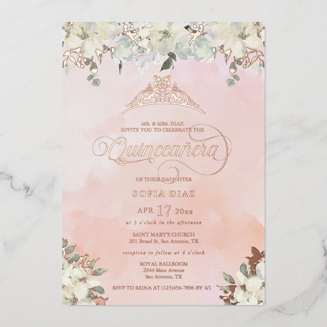 Watercolor Blush Pink Quinceañera Floral  (Front)