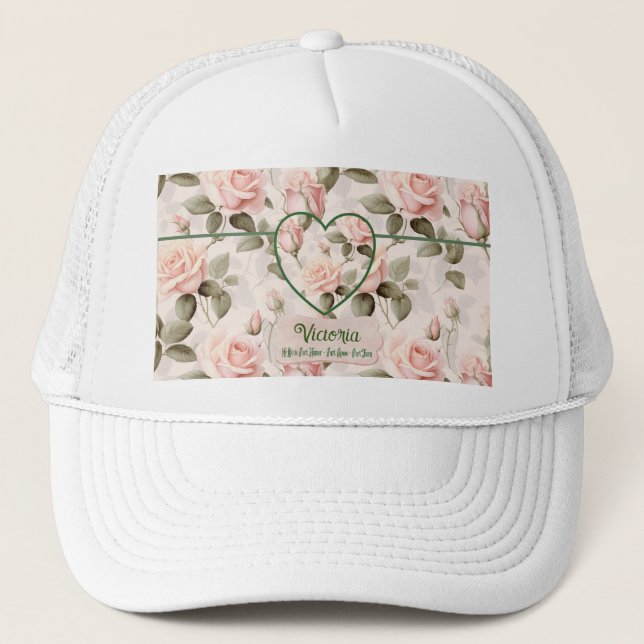 Watercolor Blush Pink Rose and Botanical Trucker Hat (Front)